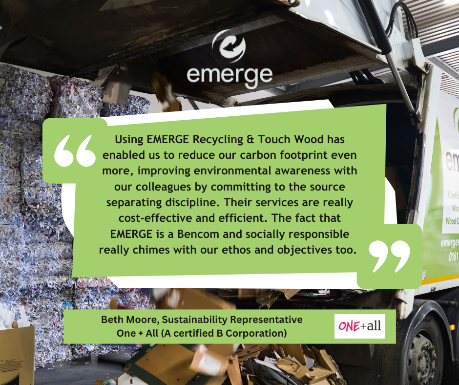 Quote image overlayed over an EMERGE Bin truck emptying a load of cardboard